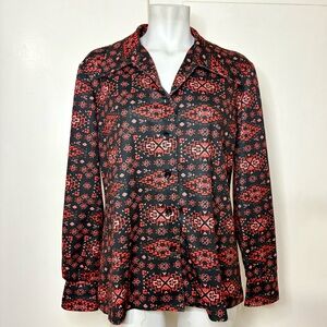 Vintage 70s Black Red Psychedelic Western Print Dagger Collar Button Down Shirt